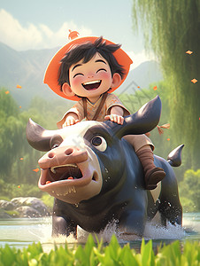 卡通牧童骑着黑牛奔跑在小溪中背景图片