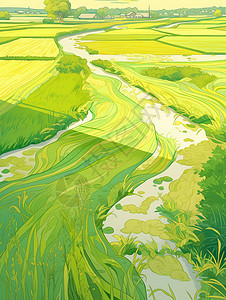 春天田间绿油油的耕田与小溪唯美卡通风景画背景图片