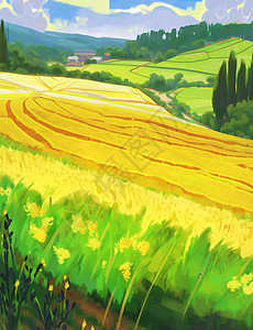 春天黄绿色调唯美的田间卡通风景插画图片