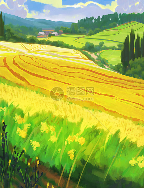 春天黄绿色调唯美的田间卡通风景插画图片