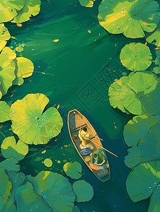 在茂密的荷塘中一个小小的卡通船行驶在荷叶间图片