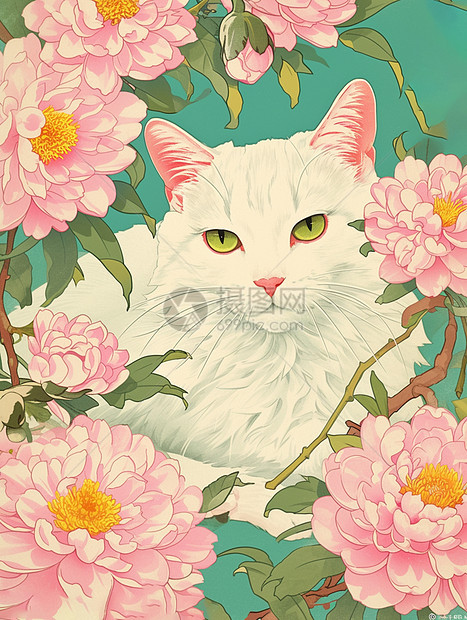 趴在盛开的牡丹花丛中一枝可爱的卡通小白猫图片