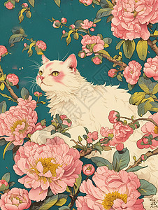 趴在盛开的牡丹花丛中一枝可爱的小白猫图片