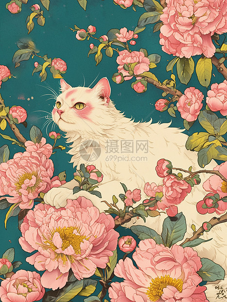 趴在盛开的牡丹花丛中一枝可爱的小白猫图片