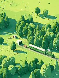 行驶在绿色卡田野中的一列卡通火车绿色调唯美卡通风景图片