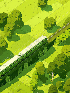 绿色卡田野中的一列卡通火车绿色调唯美卡通风景图片