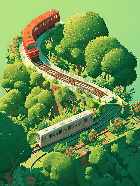 一列卡通火车绿色调唯美卡通风景图片