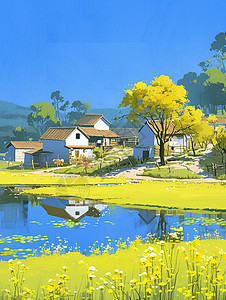 春天蓝天白云下湖边的一座卡通小村庄背景图片