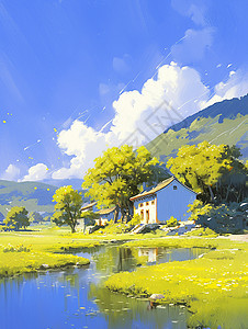 春天白云下湖边的一座卡通小村庄图片