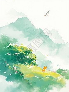 春天在田野间一只可爱的卡通小橘猫手绘风卡通插画高清图片