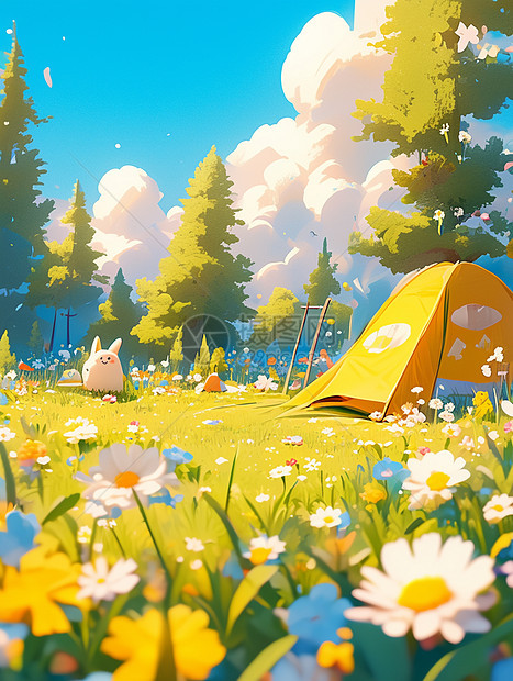 开满花朵美丽的草地上的小小的卡通露营帐篷图片