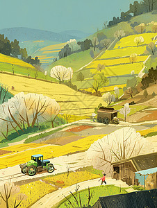田地间劳作行驶小小的卡通拖拉机背景图片
