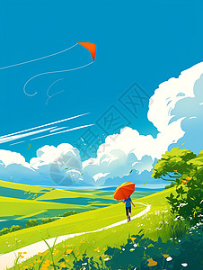 春季拿着小伞在山坡上散步的卡通人物图片