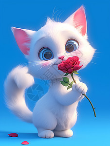 手拿红色玫瑰花可爱的卡通小白猫图片