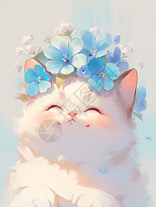 头顶蓝色小花的卡通小白猫图片