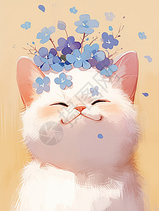 面带微笑可爱的卡通小猫头上顶着蓝色小花图片
