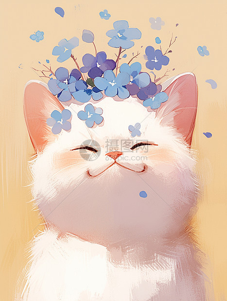 面带微笑可爱的卡通小猫头上顶着蓝色小花图片