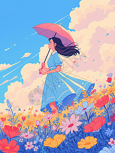 手举着粉色雨伞穿着蓝色裙子站在花丛中的卡通女孩图片