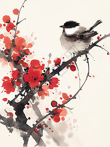 卡通小鸟落在开满红梅的树枝上休息中国风插画图片