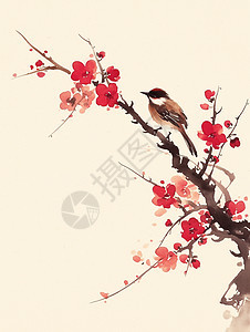 可爱的卡通小鸟落在开满红梅的树枝上休息中国风插画图片