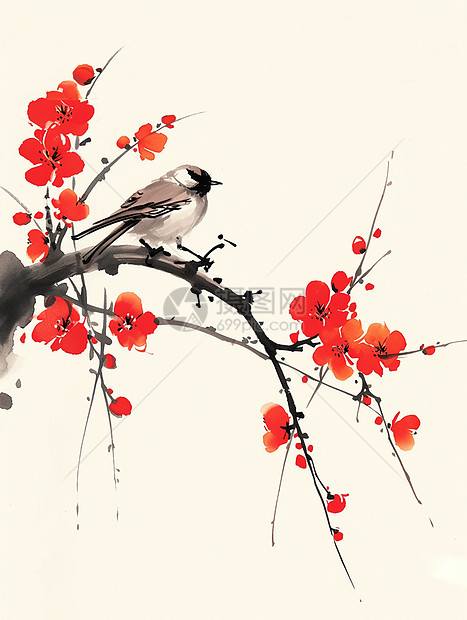 一只可爱的卡通小鸟落在树枝上休息中国风插画图片