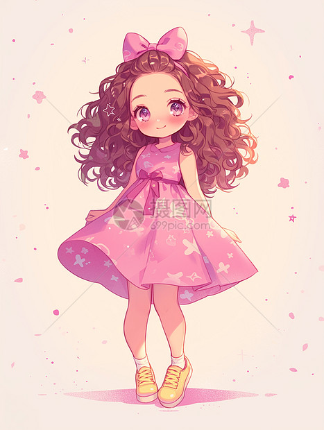 头顶粉色大大蝴蝶结穿粉色蓬蓬裙的可爱卡通小女孩图片