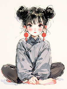 戴着红色圆球耳饰扎丸子头坐着的可爱卡通小女孩图片