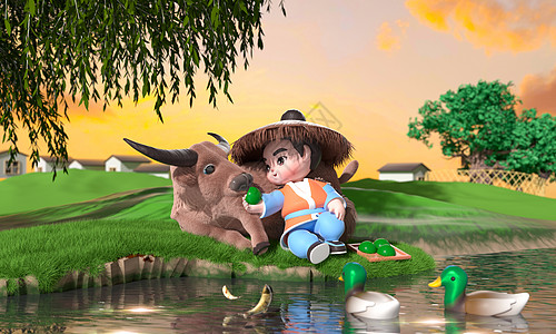 c4d立体牧童与黄牛坐着河边吃青团清明节场景3d插画图片