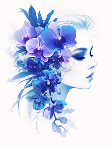 很多女人头戴很多蓝色花朵装饰的卡通女人头像插画
