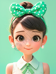 头上戴着绿色波点蝴蝶结发卡可爱的卡通小女孩图片