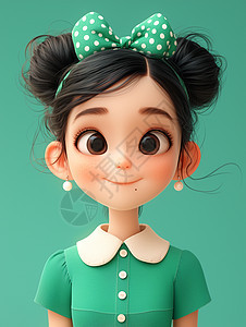 头上戴着绿色蝴蝶结发卡可爱的卡通小女孩图片