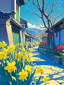 卡通古风建筑旁有开着黄色花朵的树与小花图片