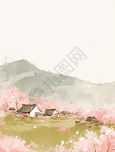 山上几座卡通古风小山村盛开桃花树水墨风景画背景图片