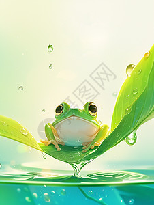 雨中趴在荷叶上一只绿色可爱的卡通小青蛙背景图片