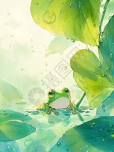 趴在荷叶上一只绿色可爱的卡通小青蛙图片