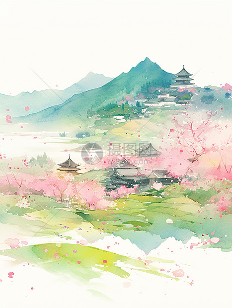 春天漫山遍野开着桃花水彩风唯美插画图片