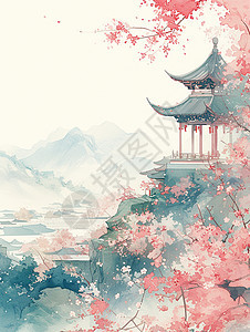 春天漫山遍野开着桃花唯美插画背景图片