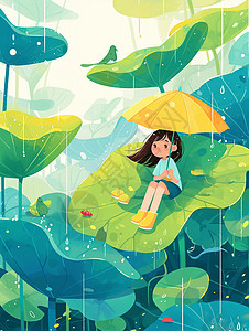 欣赏雨景的卡通小女孩图片