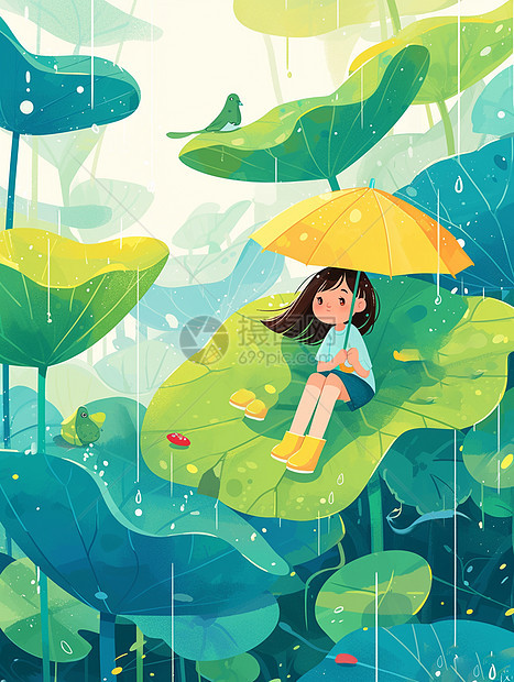 欣赏雨景的卡通小女孩图片
