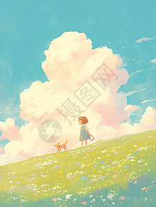 春天在蓝天白云下一个小女孩在绿色的卡通山坡上遛狗图片