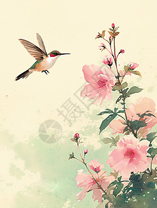 可爱蜂鸟春天飞在粉色盛开的桃花旁一只可爱的卡通小蜂鸟插画