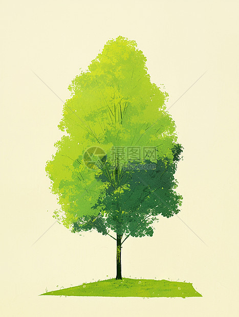 春天山坡上一棵高高的绿色卡通大树图片