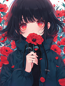 手拿一只红色花朵大眼睛可爱的卡通小女孩背景图片