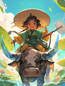 清明节骑着大牛的卡通小女孩图片