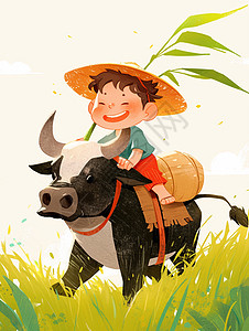 骑牛的男孩骑着牛开心笑的卡通小男孩插画