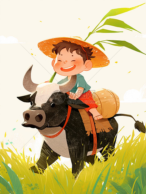 骑着牛开心笑的卡通小男孩图片