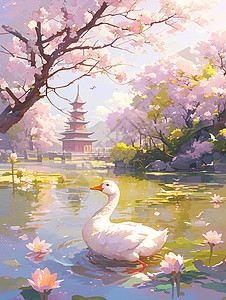 春天桃花盛开一只大鹅在湖中悠闲的游泳图片