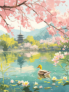 春天小鸭子在湖中心游泳图片
