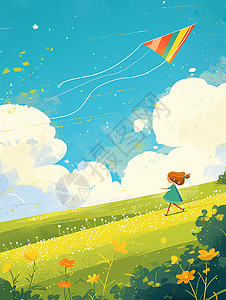 春天在野外放风筝的卡通小朋友儿童插画图片