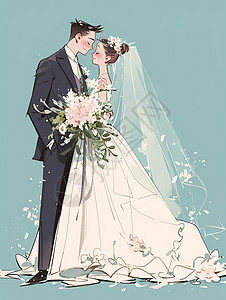 520花束手捧着花束面对面甜蜜的卡通新郎新娘插画